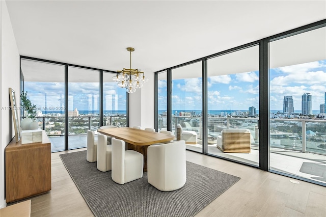 dining space featuring a notable chandelier, a wall of windows, light hardwood / wood-style flooring, and plenty of natural light