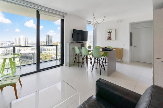 tiled dining room with expansive windows