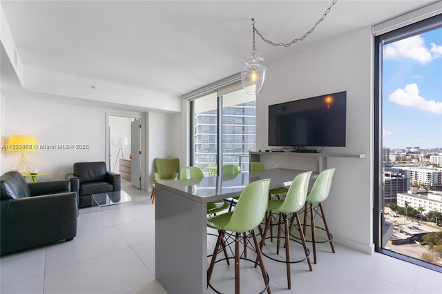 tiled dining space with a wall of windows