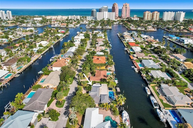 drone / aerial view with a water view