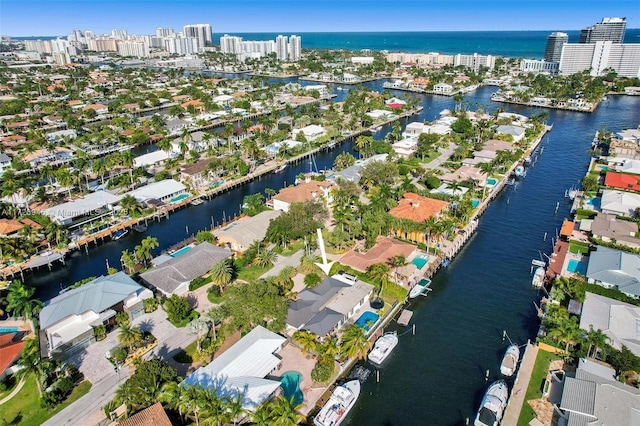 drone / aerial view with a water view