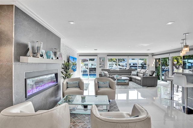 living room featuring ornamental molding