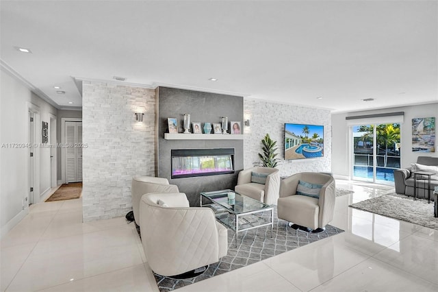 tiled living room with ornamental molding