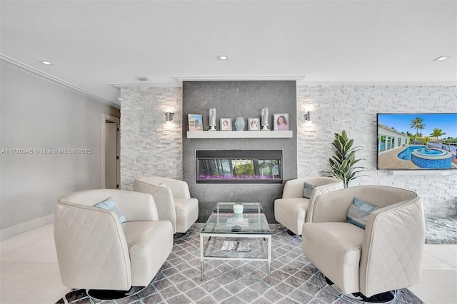 tiled living room with crown molding