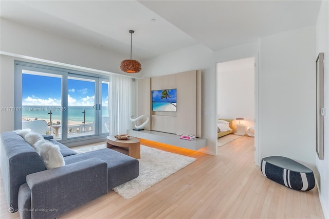 living room featuring hardwood / wood-style floors and a water view