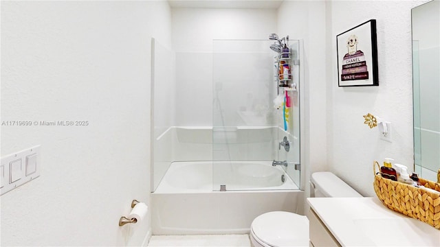 full bathroom featuring shower / washtub combination, toilet, and vanity