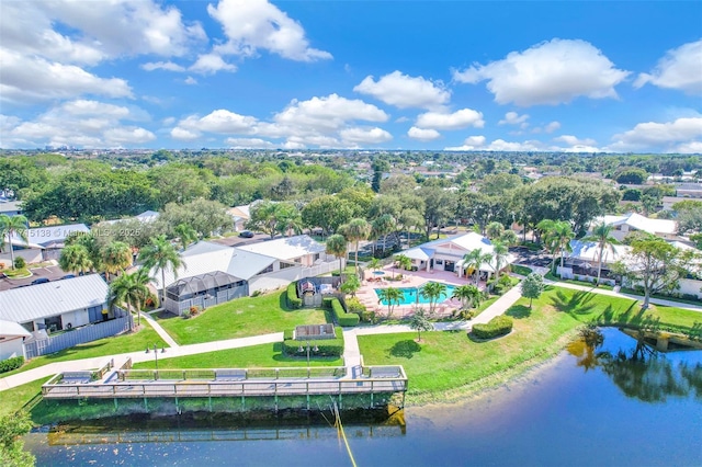 drone / aerial view with a water view