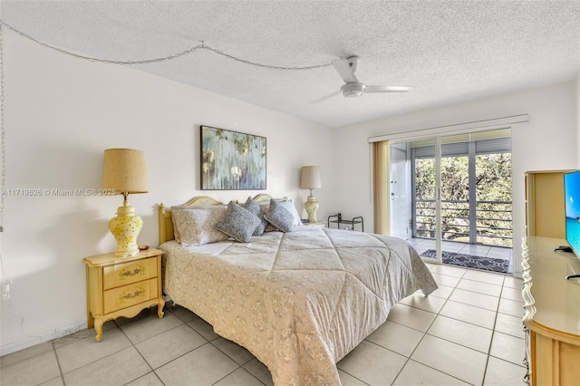 bedroom featuring tile patterned flooring, ceiling fan, a textured ceiling, and access to outside