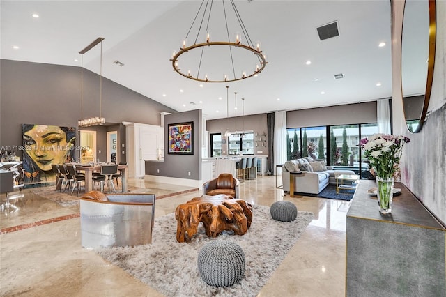 living room with a chandelier