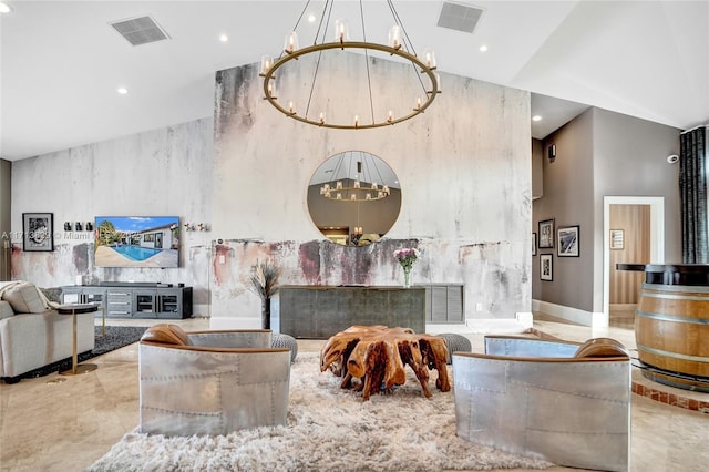 living room featuring a high ceiling and an inviting chandelier