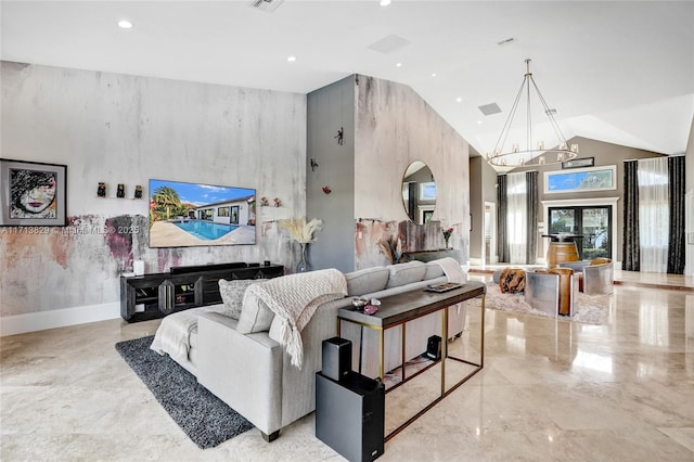 living room featuring a chandelier and lofted ceiling