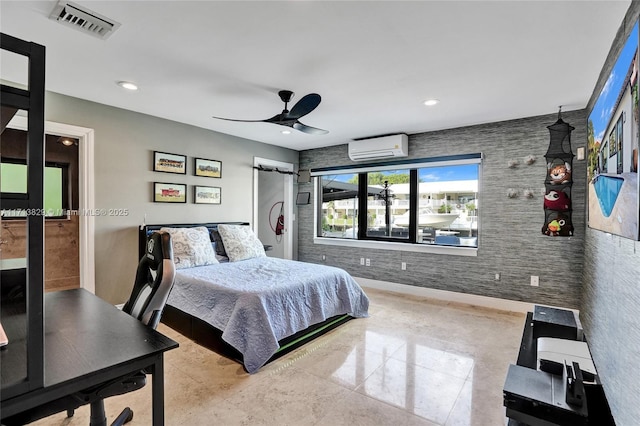 2877 NE 29th St, Fort Lauderdale, FL 33306 - bedroom with a ceiling fan, a wall mounted AC, recessed lighting, and visible vents