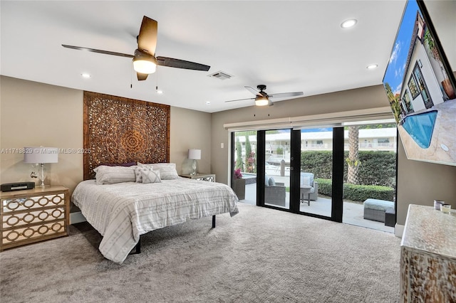 bedroom with carpet, ceiling fan, access to outside, and french doors