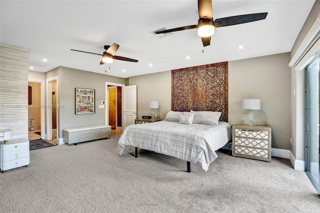 carpeted bedroom featuring ceiling fan