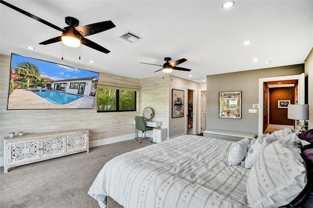 bedroom featuring carpet flooring and ceiling fan