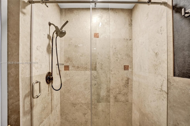 interior details featuring a shower with shower door