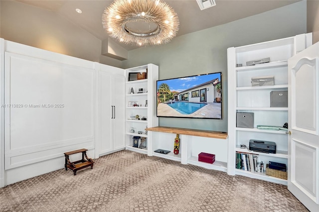 carpeted living room featuring vaulted ceiling and a notable chandelier