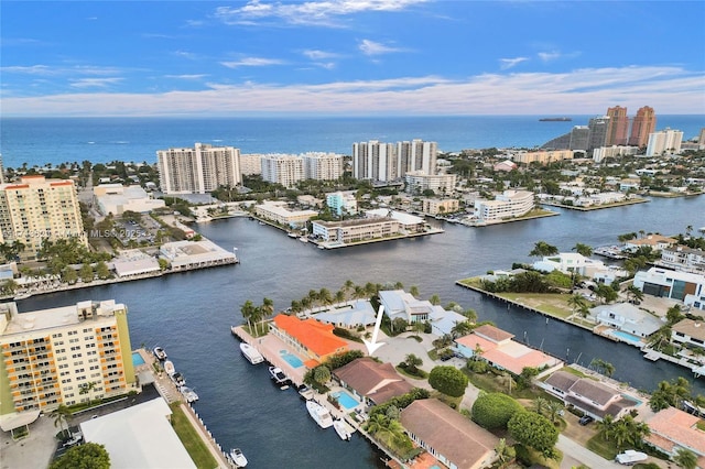 bird's eye view with a water view