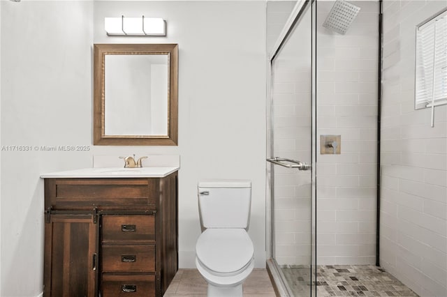 bathroom featuring vanity, toilet, and a shower with door