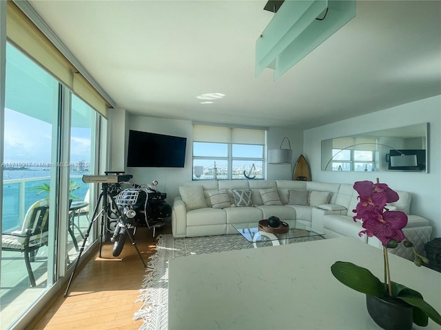 living room featuring a water view and wood-type flooring