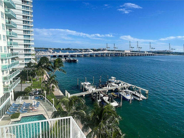 property view of water with a dock