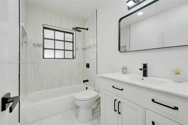 full bath with toilet, vanity, and bathing tub / shower combination