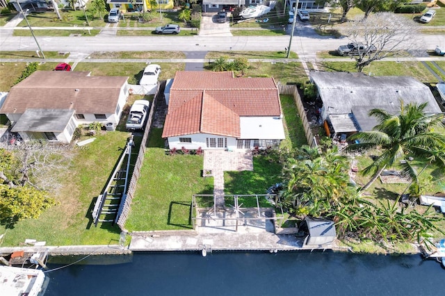 drone / aerial view featuring a water view