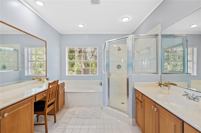 bathroom featuring plus walk in shower, vanity, and crown molding