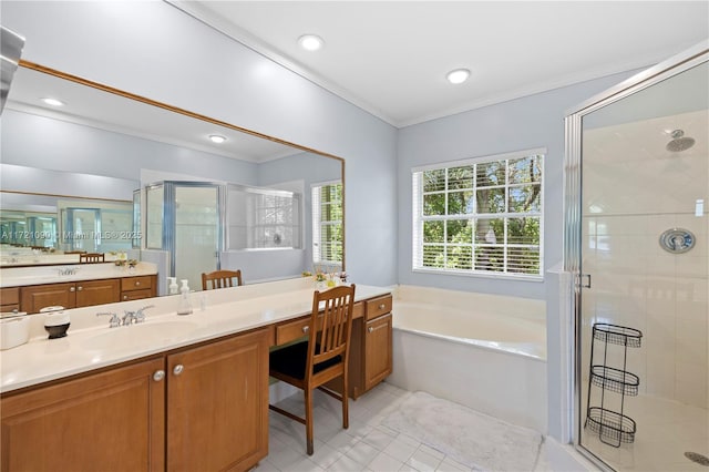 bathroom featuring tile patterned flooring, vanity, crown molding, and shower with separate bathtub