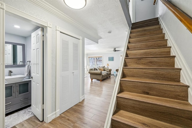 stairway featuring ceiling fan, sink, crown molding, hardwood / wood-style floors, and a textured ceiling