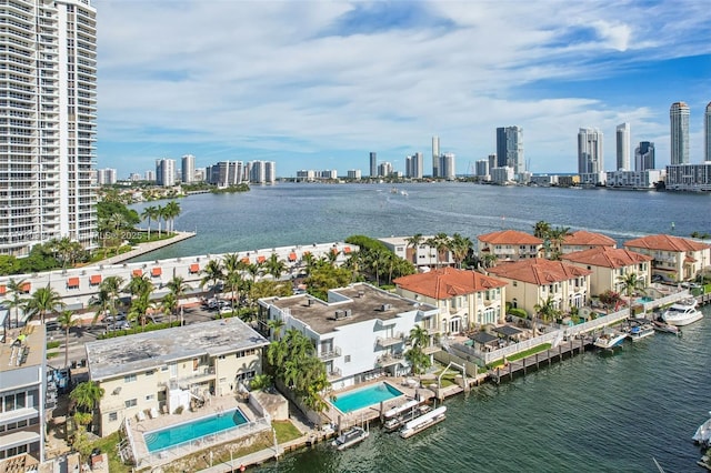 drone / aerial view featuring a water view