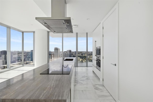 kitchen featuring floor to ceiling windows, stainless steel oven, white cabinets, and island exhaust hood