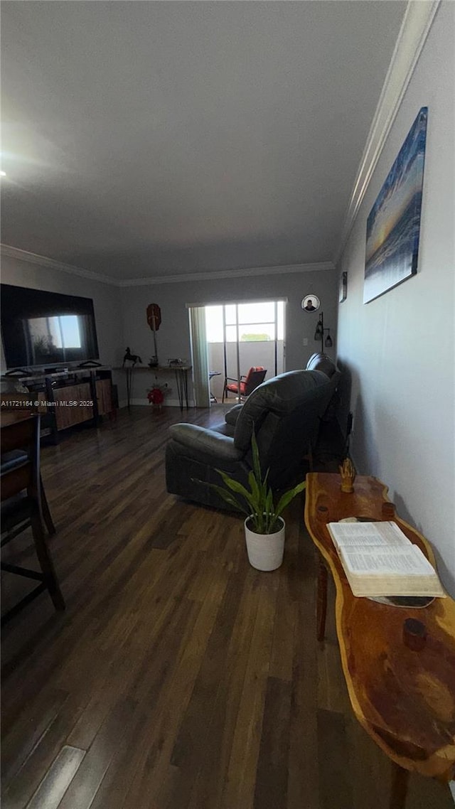 living room featuring dark wood-type flooring and ornamental molding