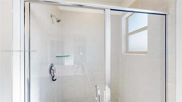 bathroom featuring a shower with shower door