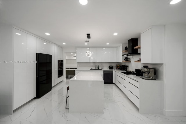571 Raven Ave, Miami Springs, FL 33166 - kitchen with open shelves, white cabinets, black appliances, a sink, and modern cabinets