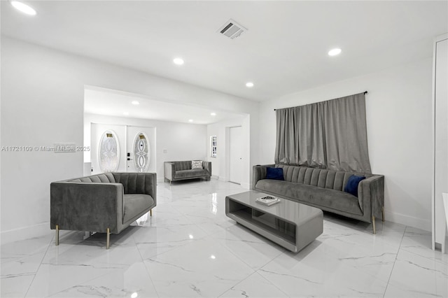 571 Raven Ave, Miami Springs, FL 33166 - living room with baseboards, visible vents, recessed lighting, and marble finish floor