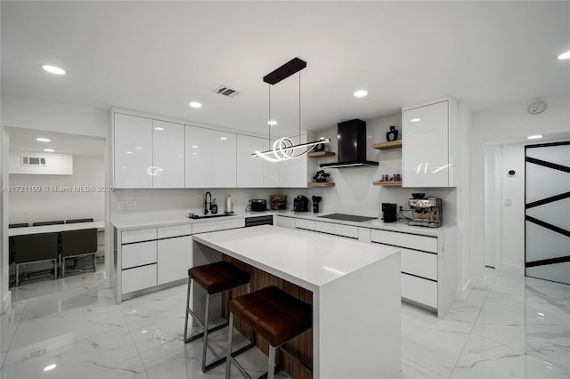 571 Raven Ave, Miami Springs, FL 33166 - kitchen with white cabinetry, open shelves, island exhaust hood, modern cabinets, and marble finish floor