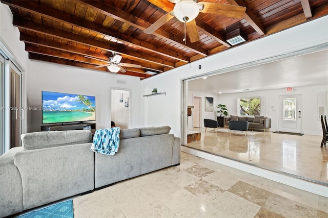 living room with beamed ceiling, ceiling fan, and wooden ceiling