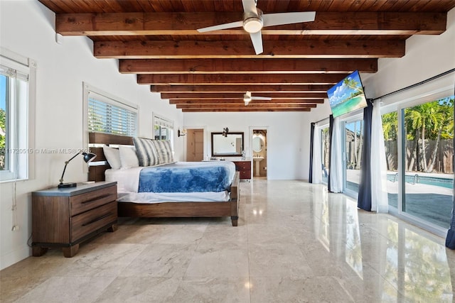 bedroom featuring access to exterior, beam ceiling, ceiling fan, and wooden ceiling