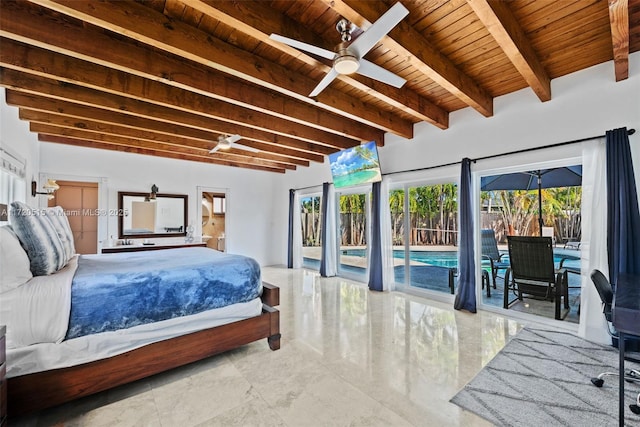 bedroom with access to exterior, ceiling fan, beamed ceiling, and wood ceiling