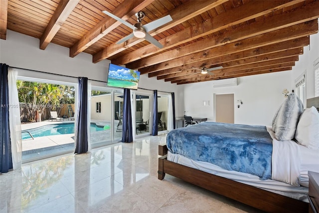 bedroom with ceiling fan, access to exterior, a wall mounted AC, beamed ceiling, and wood ceiling