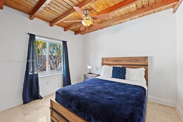 bedroom with beam ceiling, ceiling fan, and wood ceiling