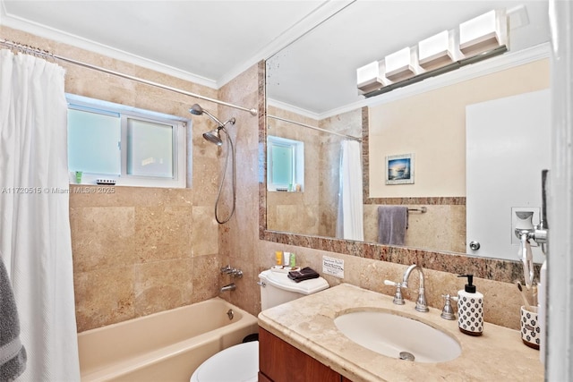 full bathroom featuring toilet, vanity, shower / tub combo with curtain, and crown molding