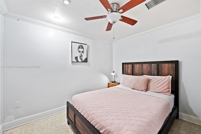 bedroom with ceiling fan and ornamental molding