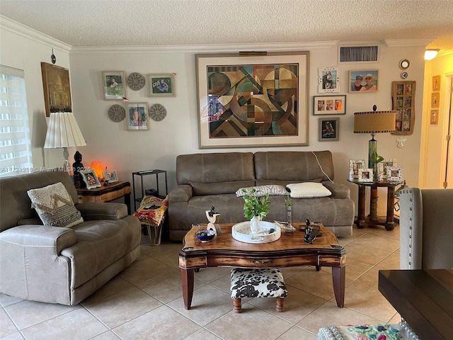 tiled living room with a textured ceiling and ornamental molding