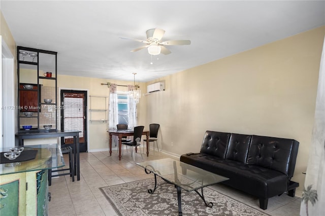 living room with light tile patterned floors, ceiling fan with notable chandelier, and a wall unit AC