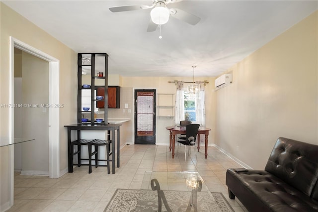 dining room with a wall mounted air conditioner and ceiling fan with notable chandelier