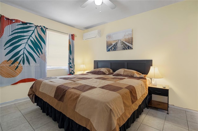 tiled bedroom with a wall mounted AC and ceiling fan