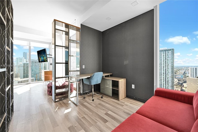 home office with light hardwood / wood-style floors, plenty of natural light, and expansive windows