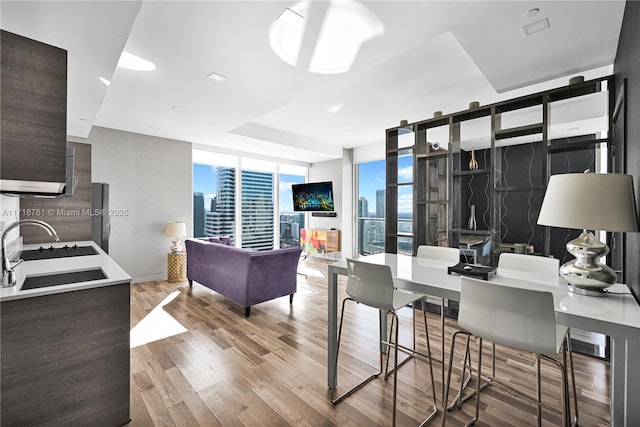 dining area featuring light hardwood / wood-style flooring, expansive windows, and sink